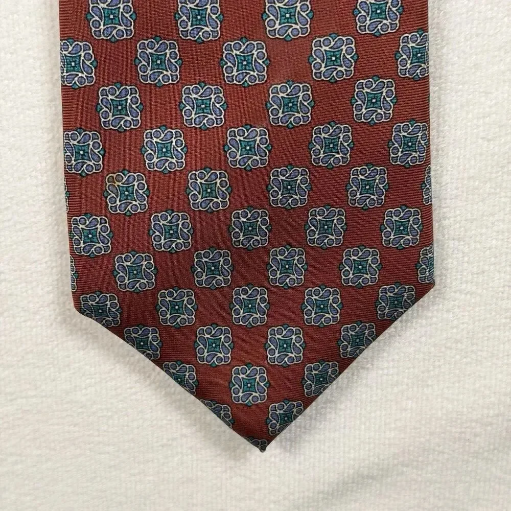 Christian Dior Silk Tie Red Blue Geometric Medallion Made USA Italy Classic 3.5